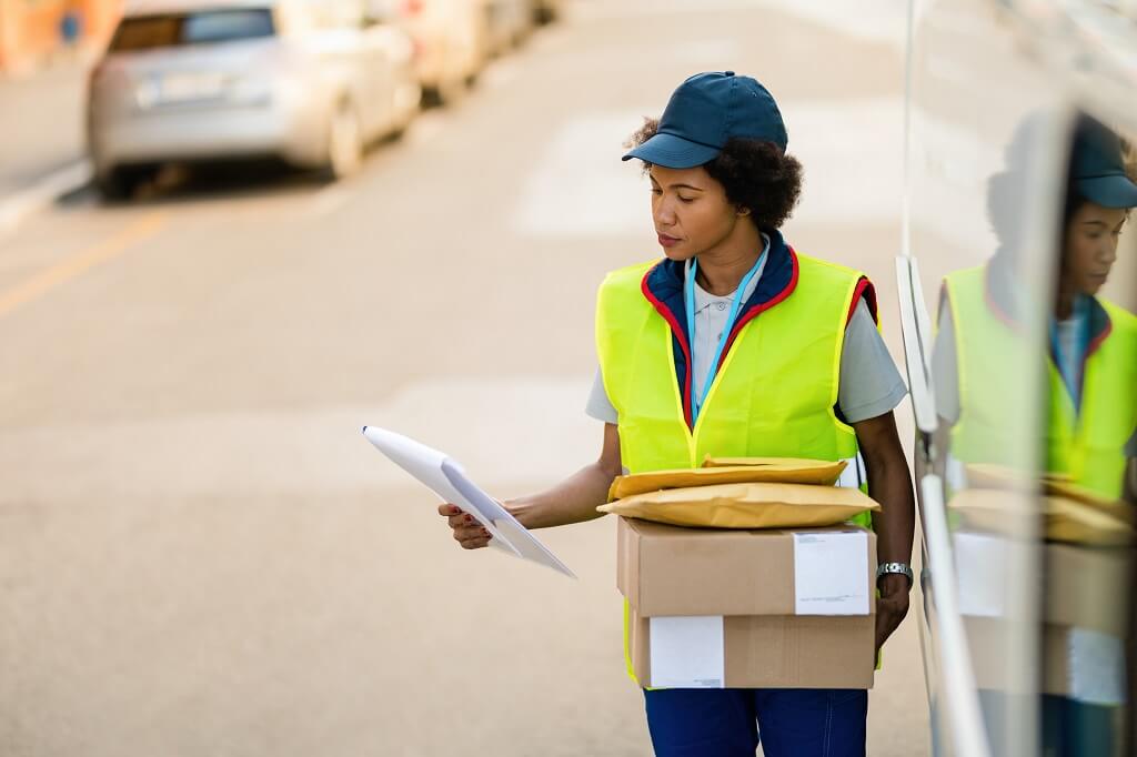 Delivery worker reviewing documents beside a van