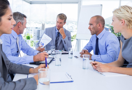 Business professionals reviewing documents at a conference table